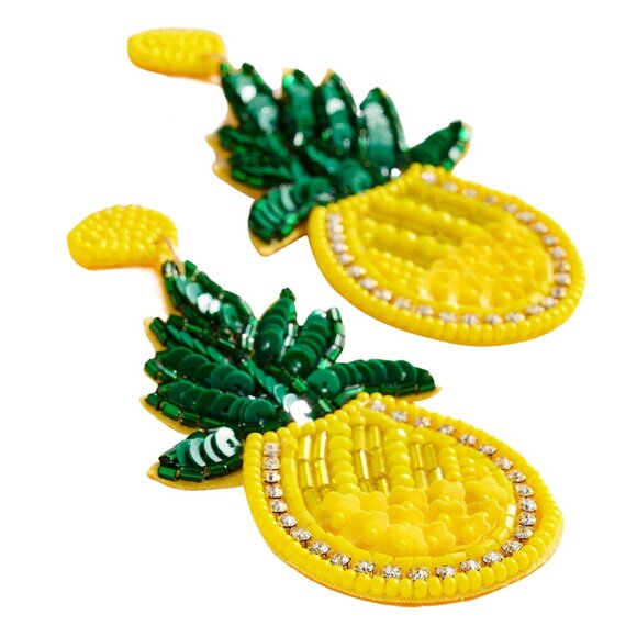 Rhinestone Sequin Seed Beaded Tropical Resort Summer Fruit Statement Earrings - Picture 3 of 3